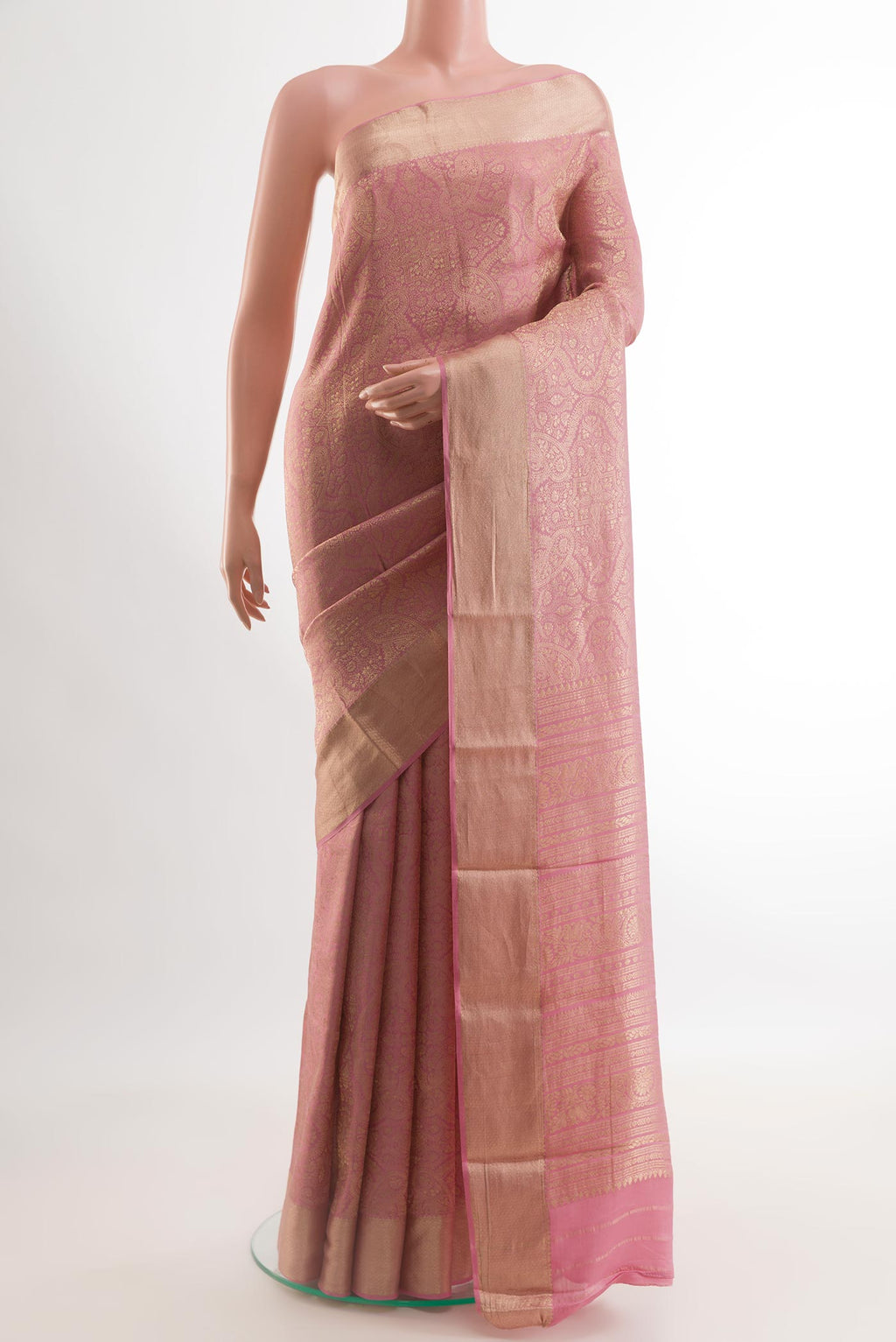 Pink Mysore Crepe Saree with Zari Brocade on the body and Zari Border.  displayed on a mannequin