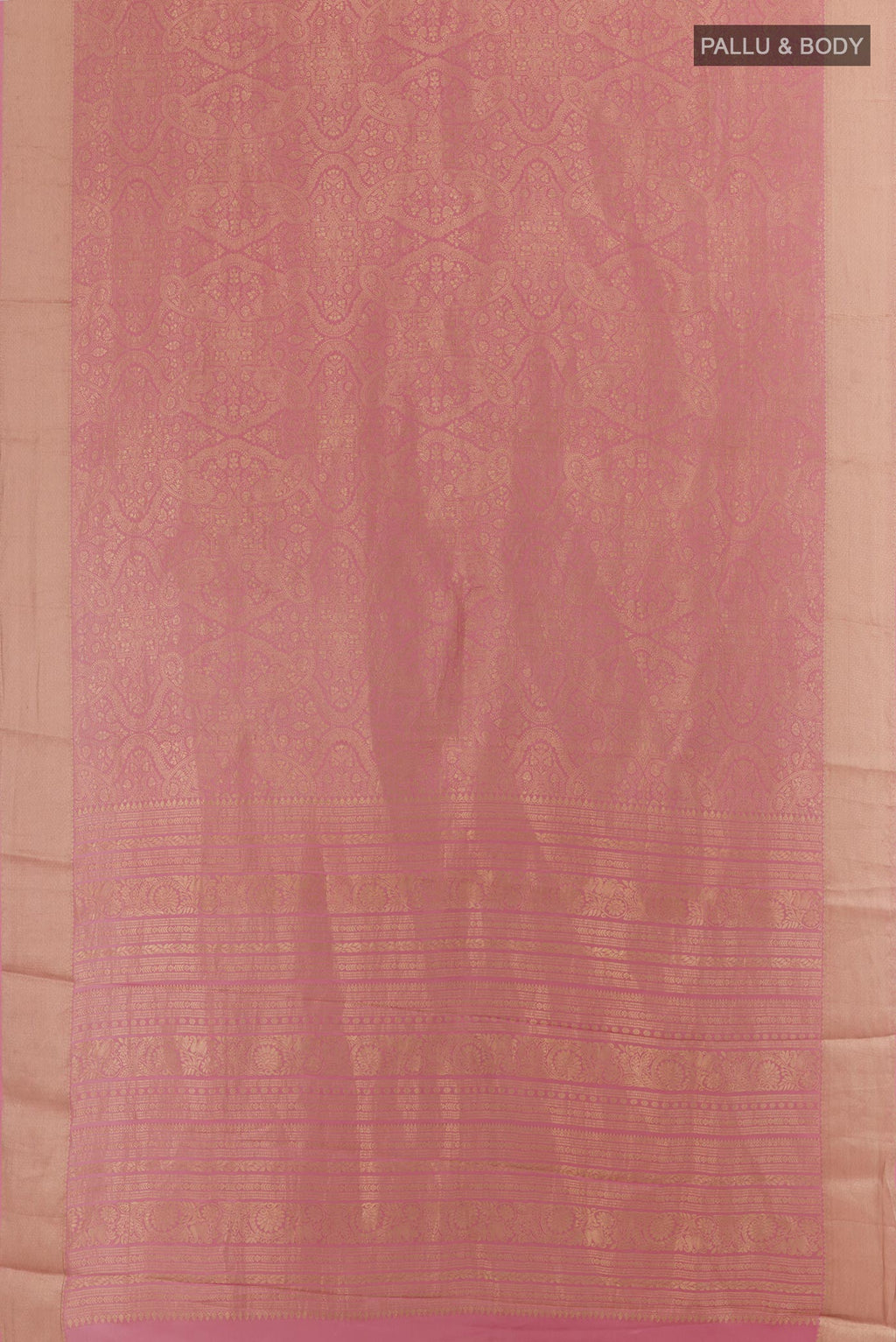 Flat view of Pink Mysore Crepe Saree with Zari Brocade on the body and Zari Border. 