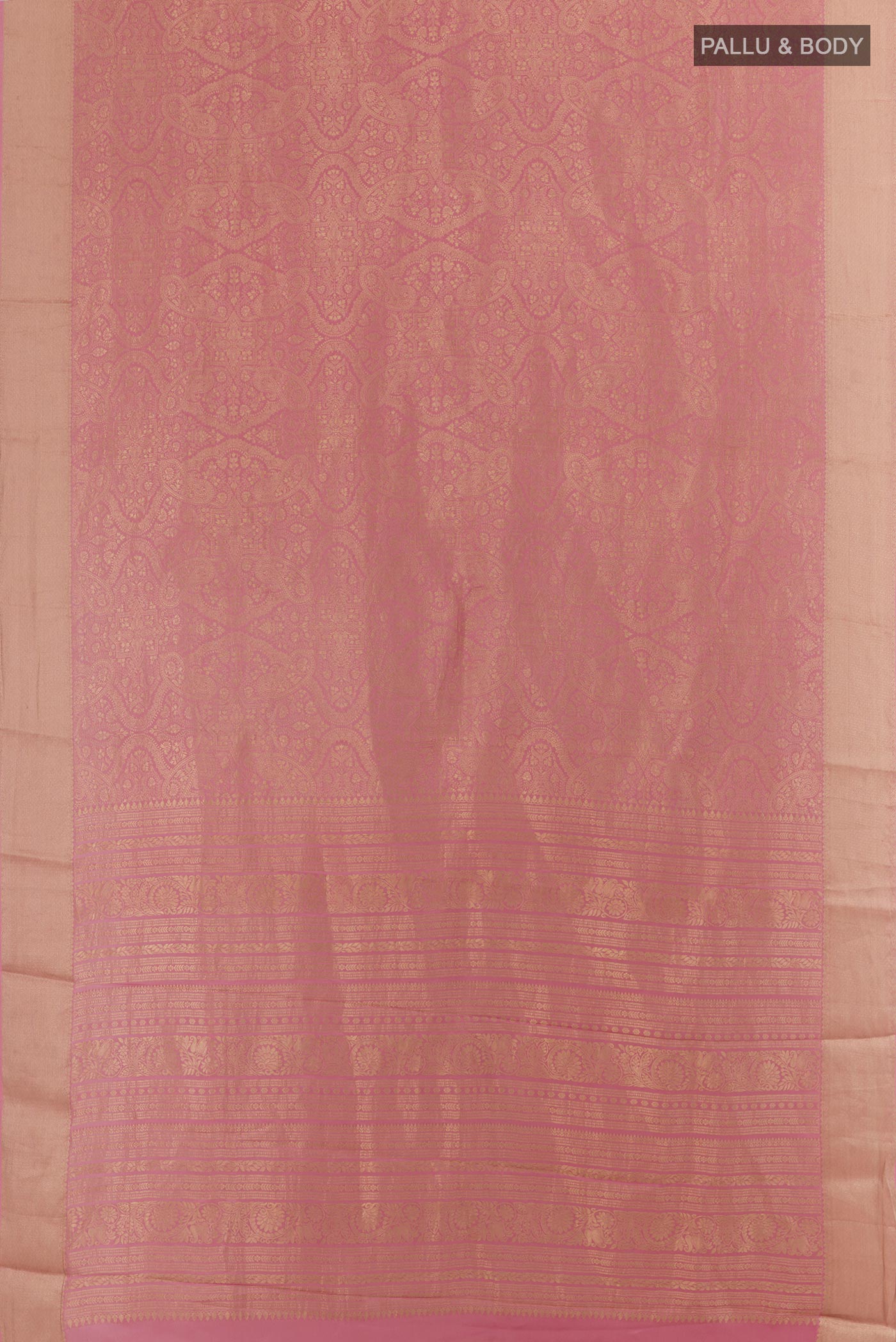 Flat view of Pink Mysore Crepe Saree with Zari Brocade on the body and Zari Border. 