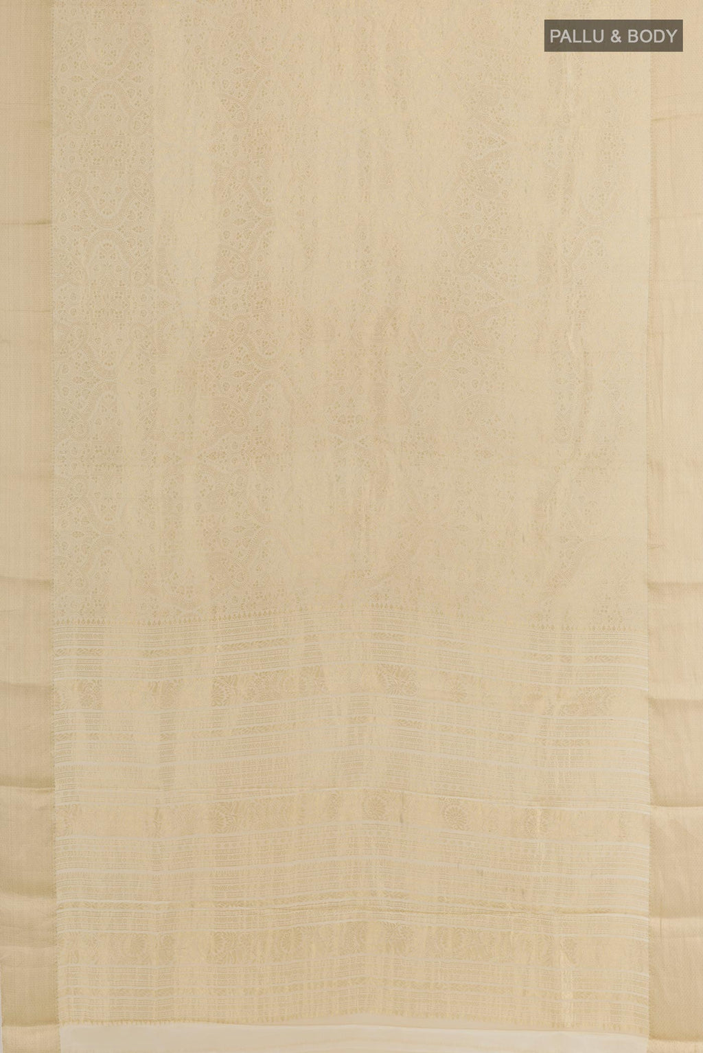 Flat view of Off White Mysore Crepe Saree with Zari Brocade on the body and Zari Border. 