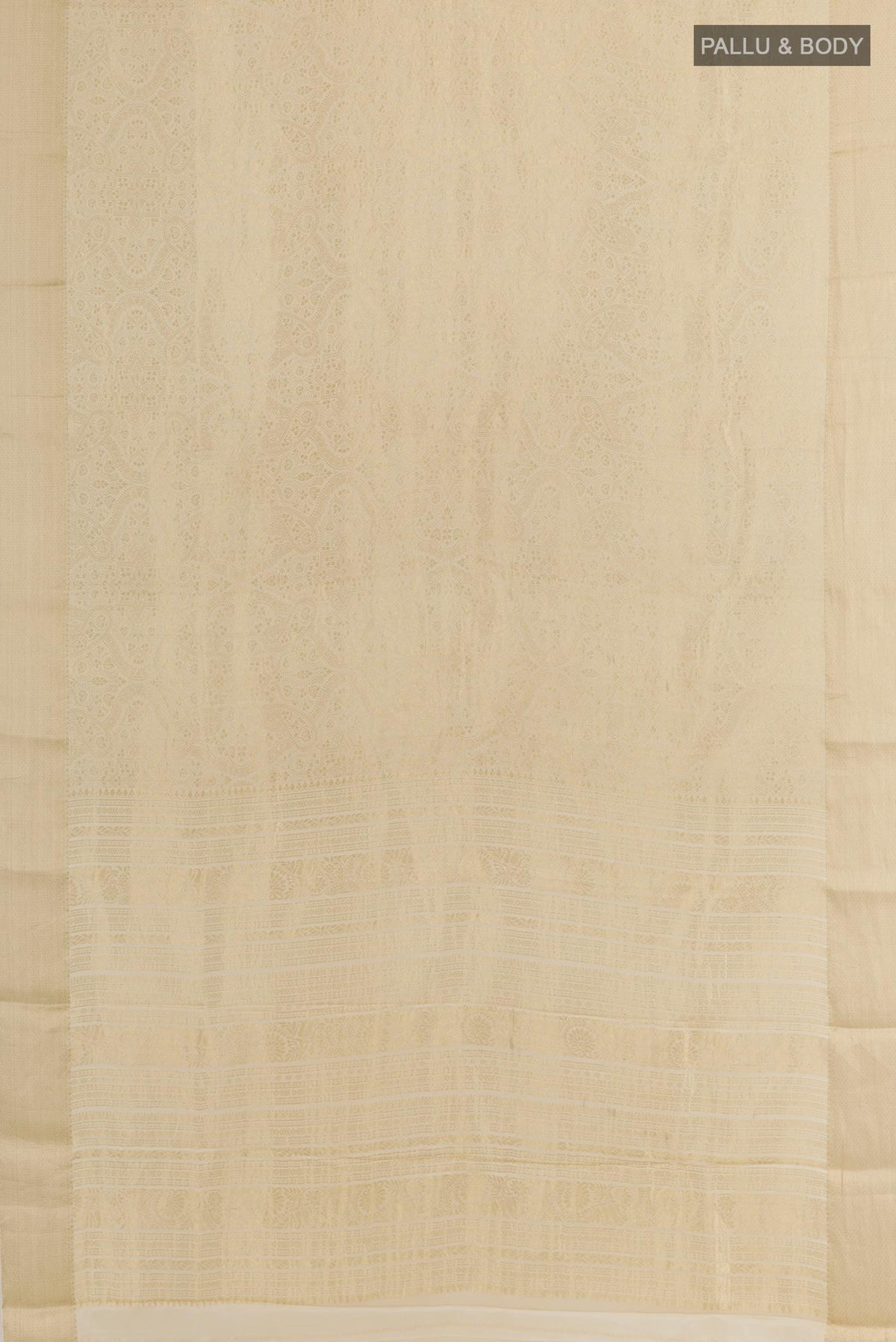 Flat view of Off White Mysore Crepe Saree with Zari Brocade on the body and Zari Border. 