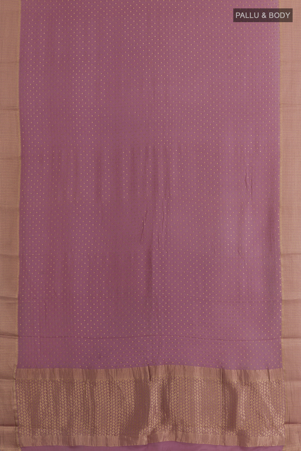 Flat view of Lavender Mysore Crepe Saree with Jacquard With Zari Butta on the body and Zari Border. 