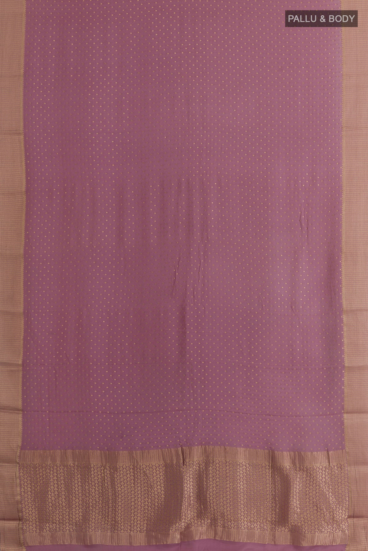 Flat view of Lavender Mysore Crepe Saree with Jacquard With Zari Butta on the body and Zari Border. 