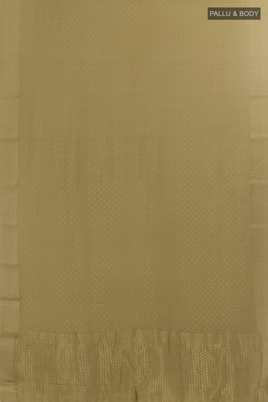 Flat view of Beige Mysore Crepe Saree with Zari Butta on the body and Zari Border. 