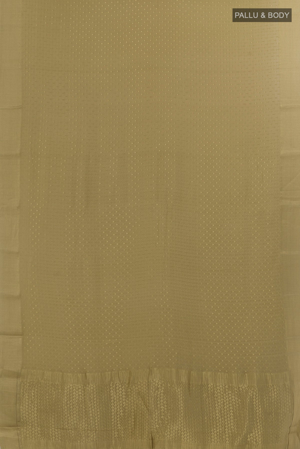 Flat view of Beige Mysore Crepe Saree with Zari Butta on the body and Zari Border. 