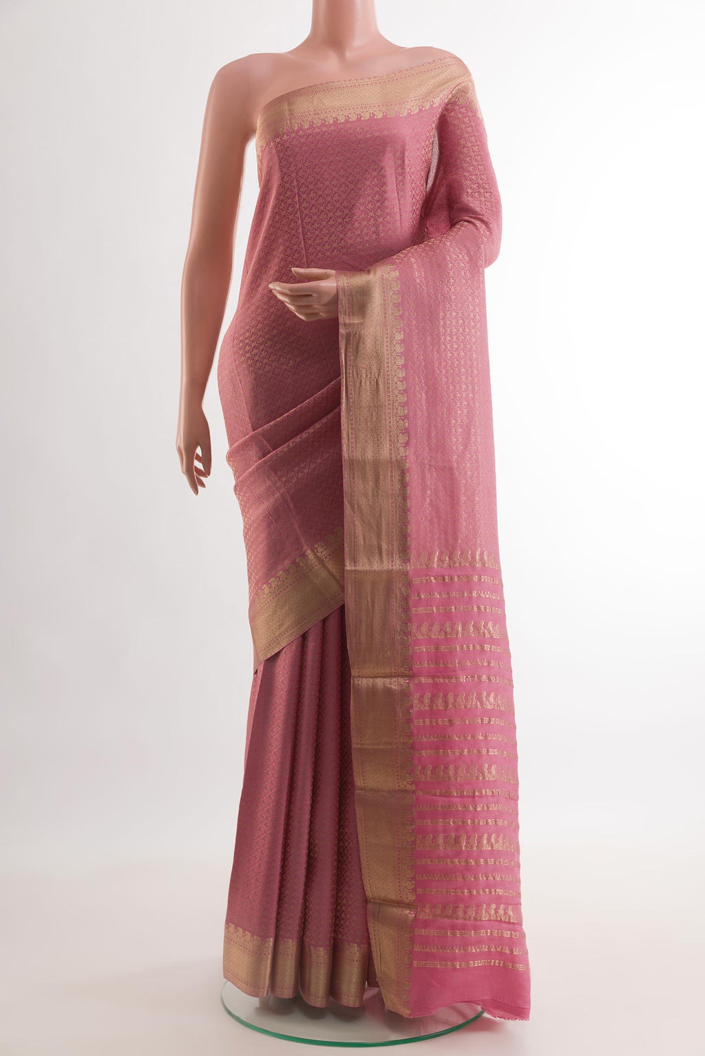 Pink Mysore Crepe Saree with Zari Brocade on the body and Zari Border.  displayed on a mannequin