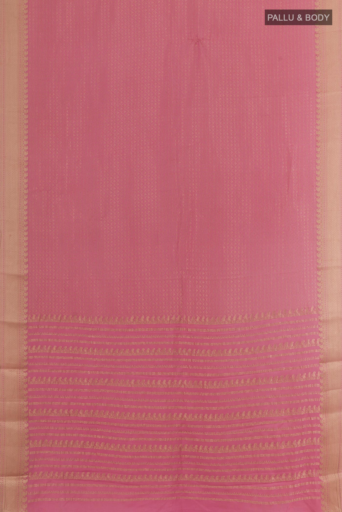Flat view of Pink Mysore Crepe Saree with Zari Brocade on the body and Zari Border. 