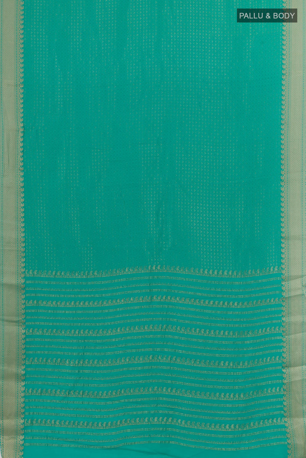 Flat view of Turquoise Mysore Crepe Saree with Zari Brocade on the body and Zari Border. 