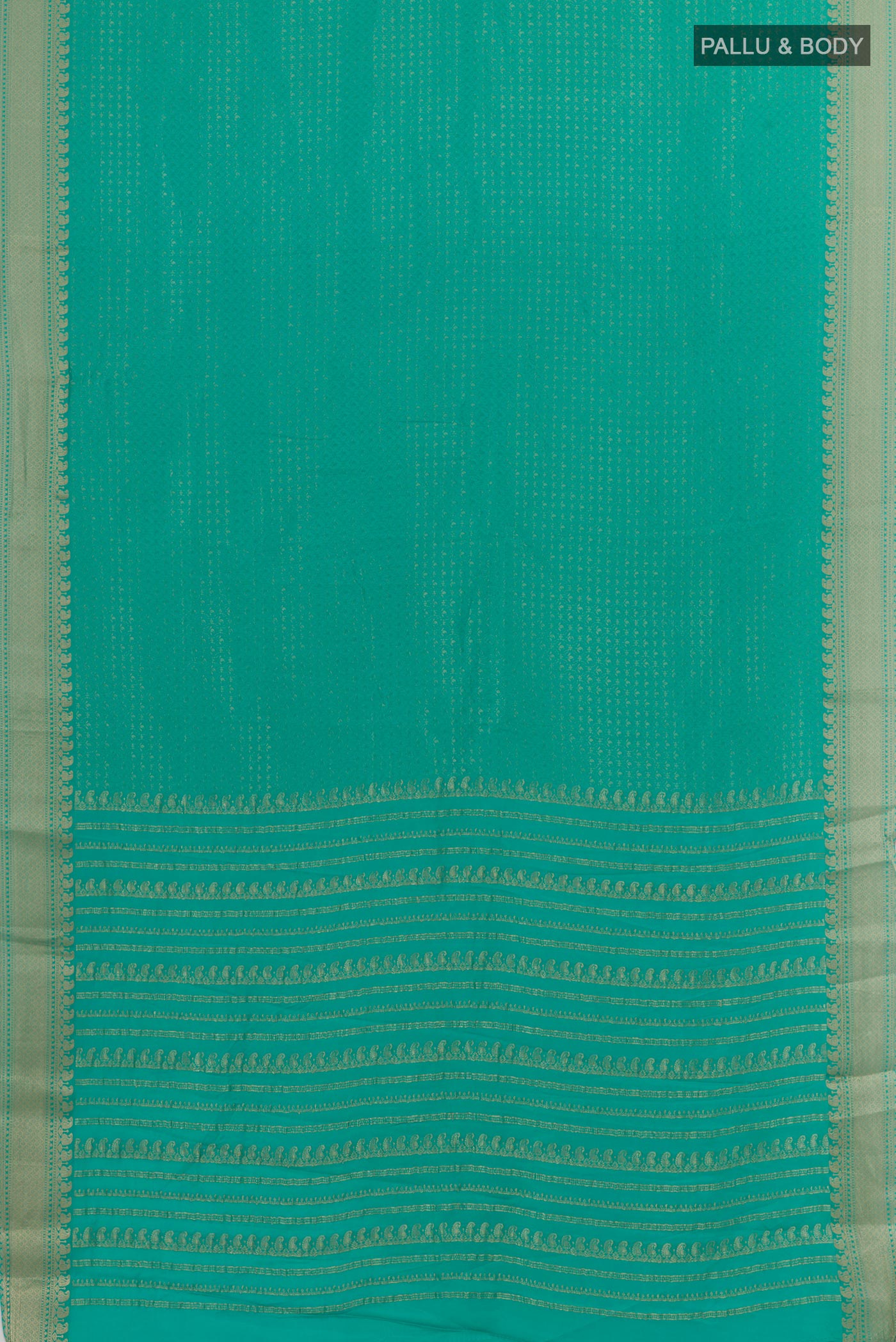 Flat view of Turquoise Mysore Crepe Saree with Zari Brocade on the body and Zari Border. 