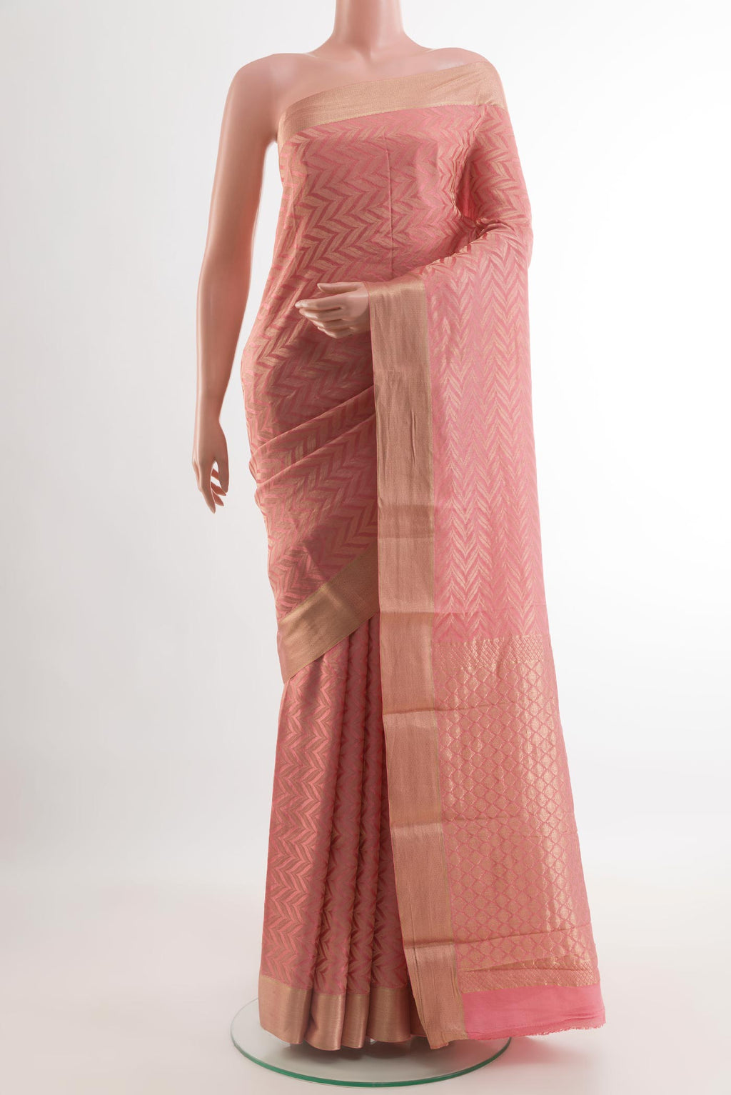 Pink Mysore Crepe Saree with Zari Brocade on the body and Zari Border.  displayed on a mannequin