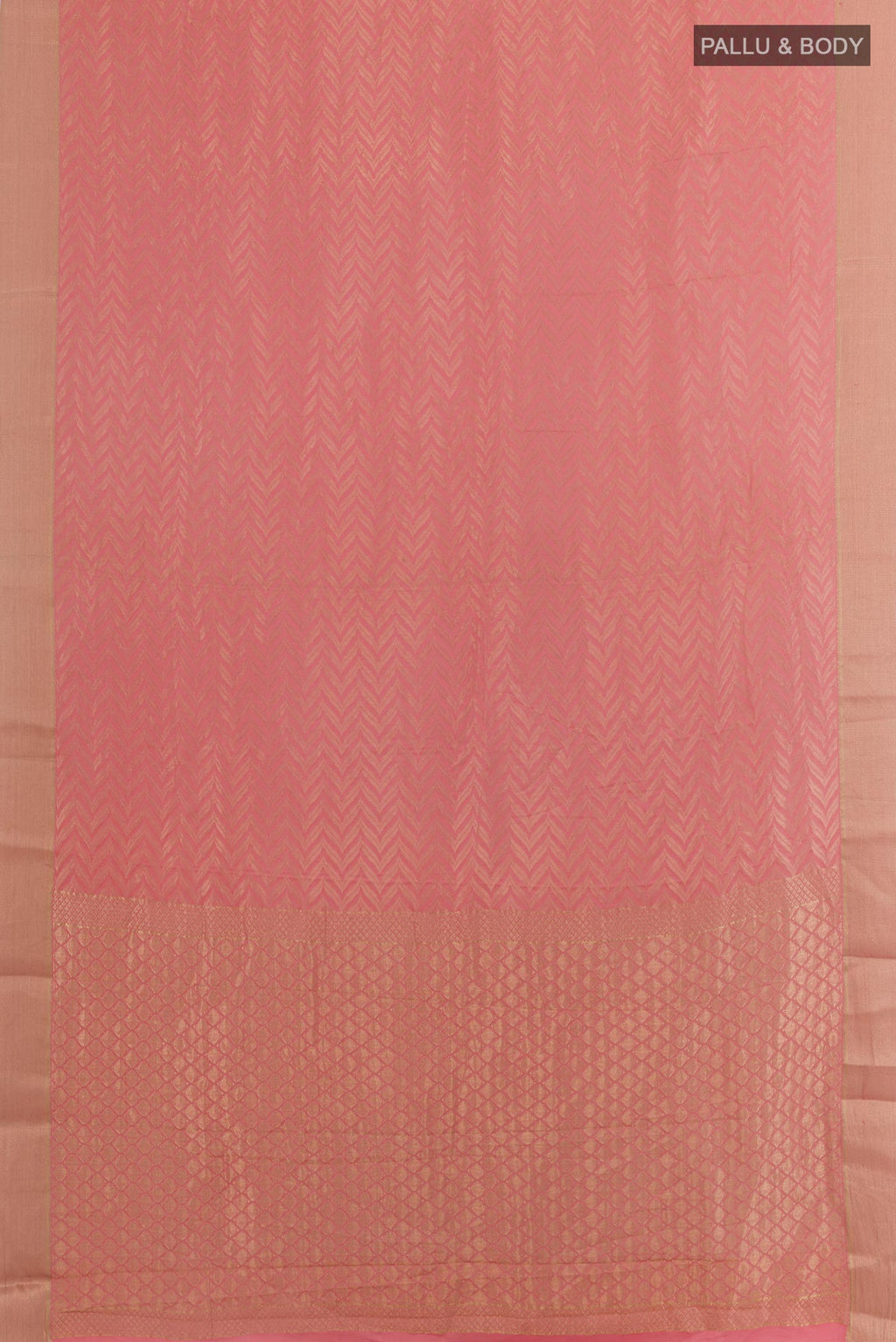 Flat view of Pink Mysore Crepe Saree with Zari Brocade on the body and Zari Border. 