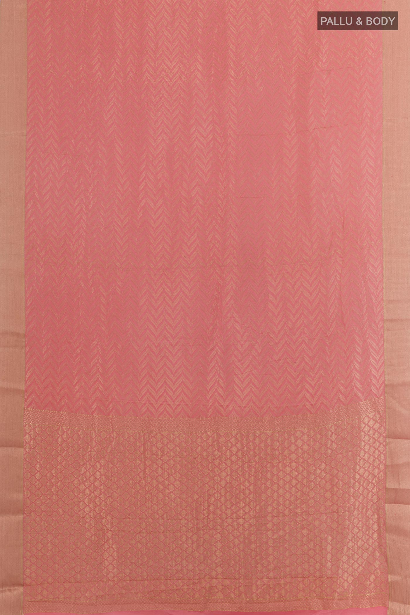 Flat view of Pink Mysore Crepe Saree with Zari Brocade on the body and Zari Border. 