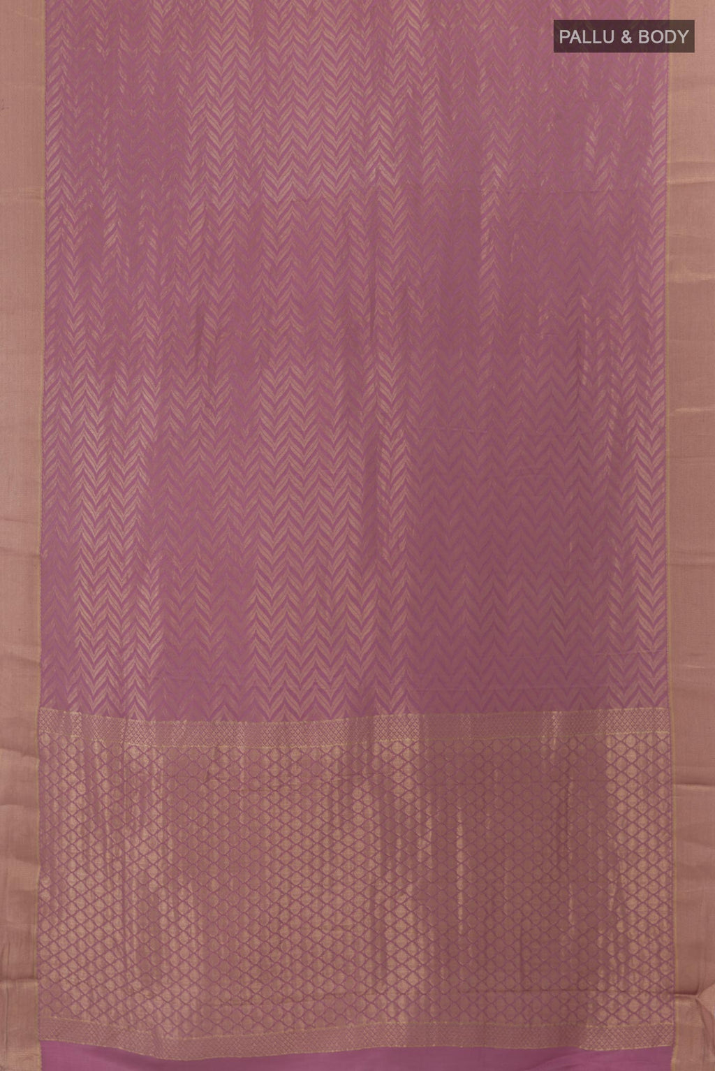 Flat view of Lavender Mysore Crepe Saree with Zari Brocade on the body and Zari Border. 