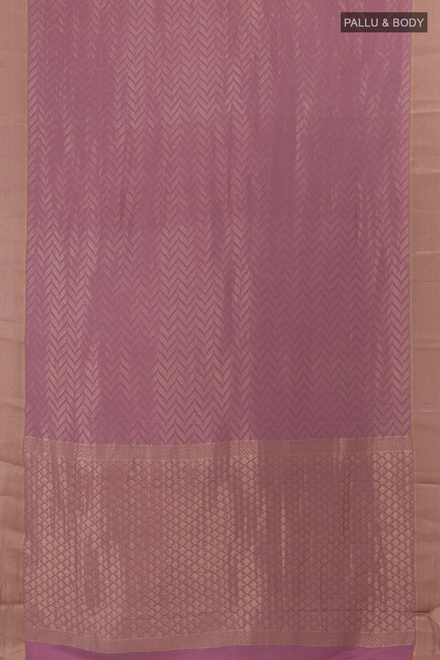 Flat view of Lavender Mysore Crepe Saree with Zari Brocade on the body and Zari Border. 