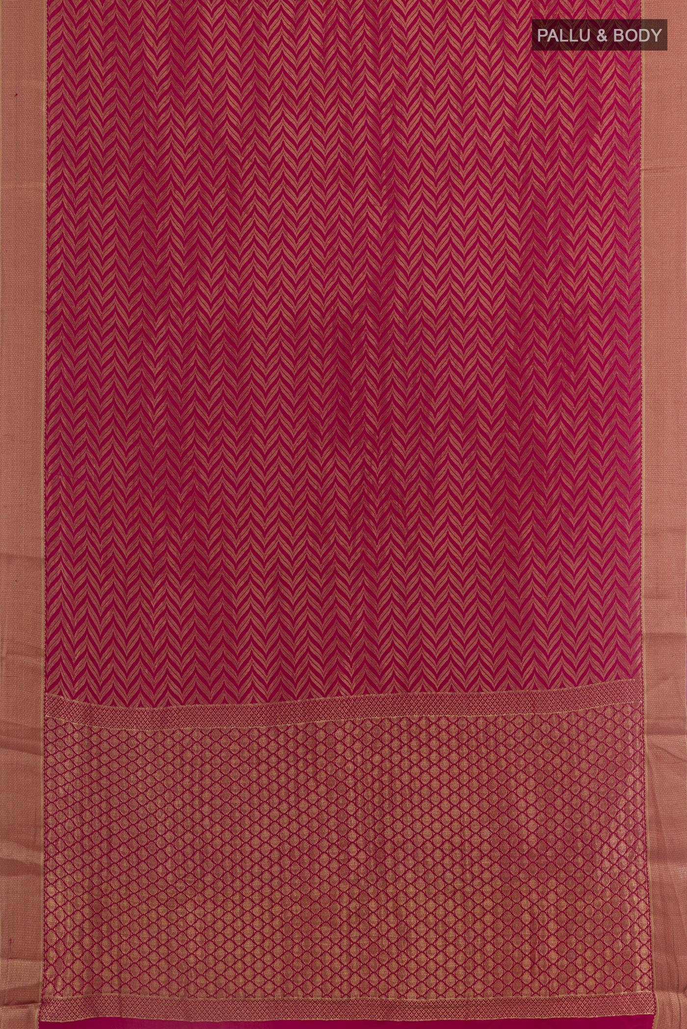 Flat view of Dark Pink Mysore Crepe Saree with Zari Brocade on the body and Zari Border. 
