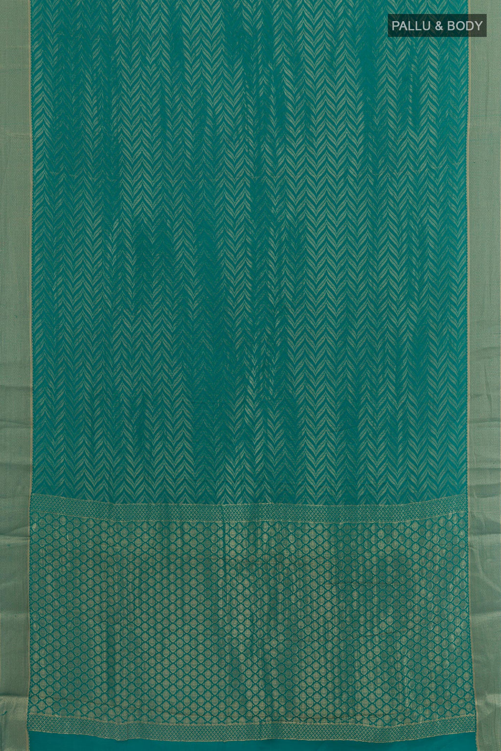 Flat view of Sea Green Mysore Crepe Saree with Zari Brocade on the body and Zari Border. 