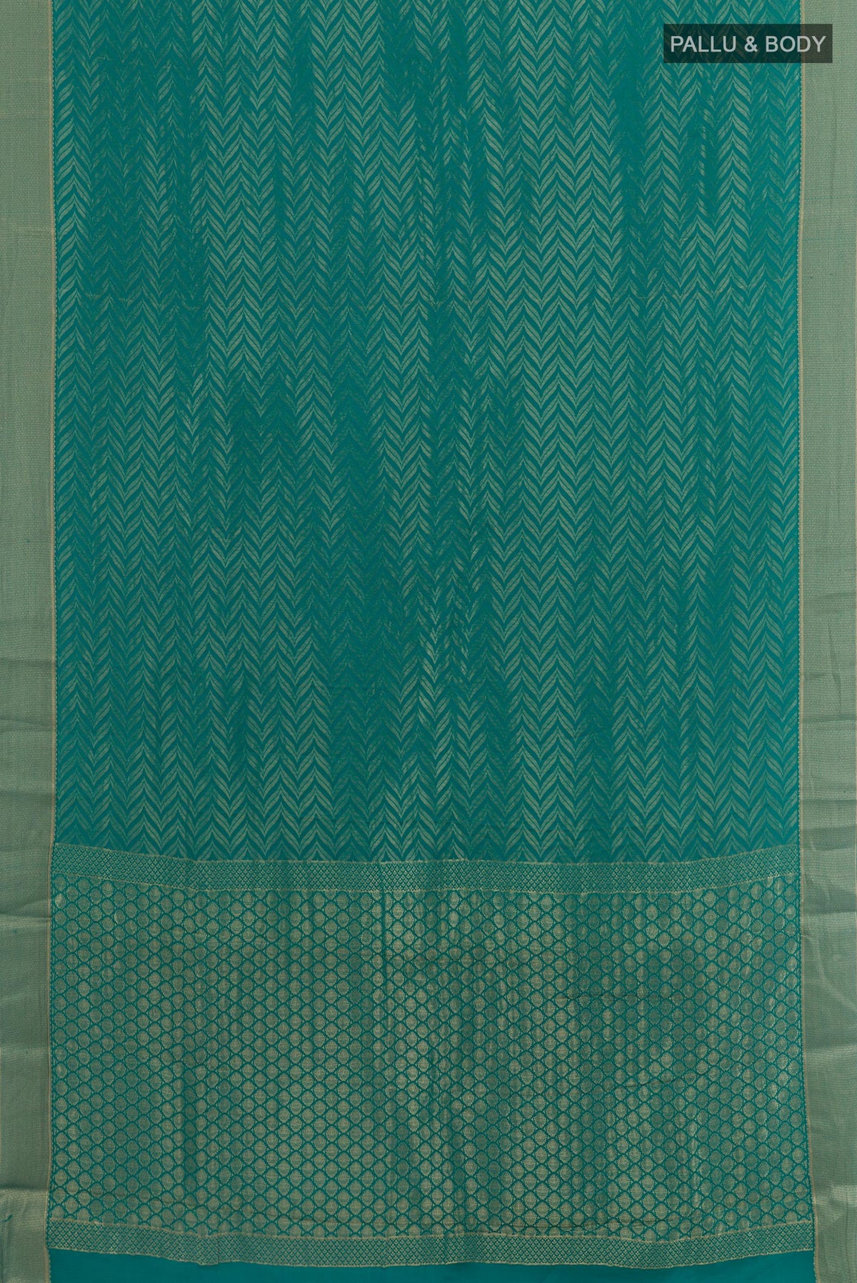 Flat view of Sea Green Mysore Crepe Saree with Zari Brocade on the body and Zari Border. 