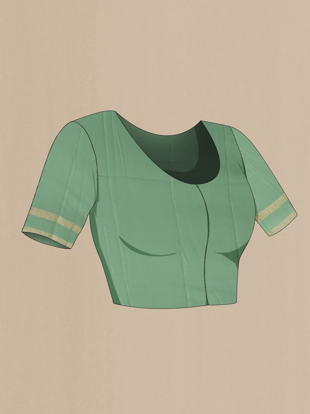 Close up image of the blouse of Sea Green Mysore Crepe Saree with Zari Brocade on the body and Plain Border. 