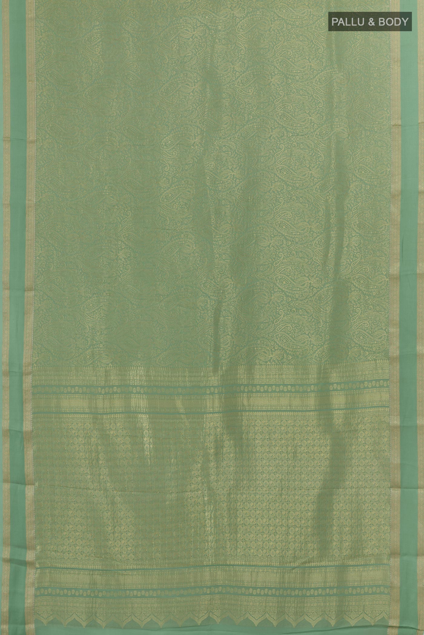 Flat view of Sea Green Mysore Crepe Saree with Zari Brocade on the body and Plain Border. 