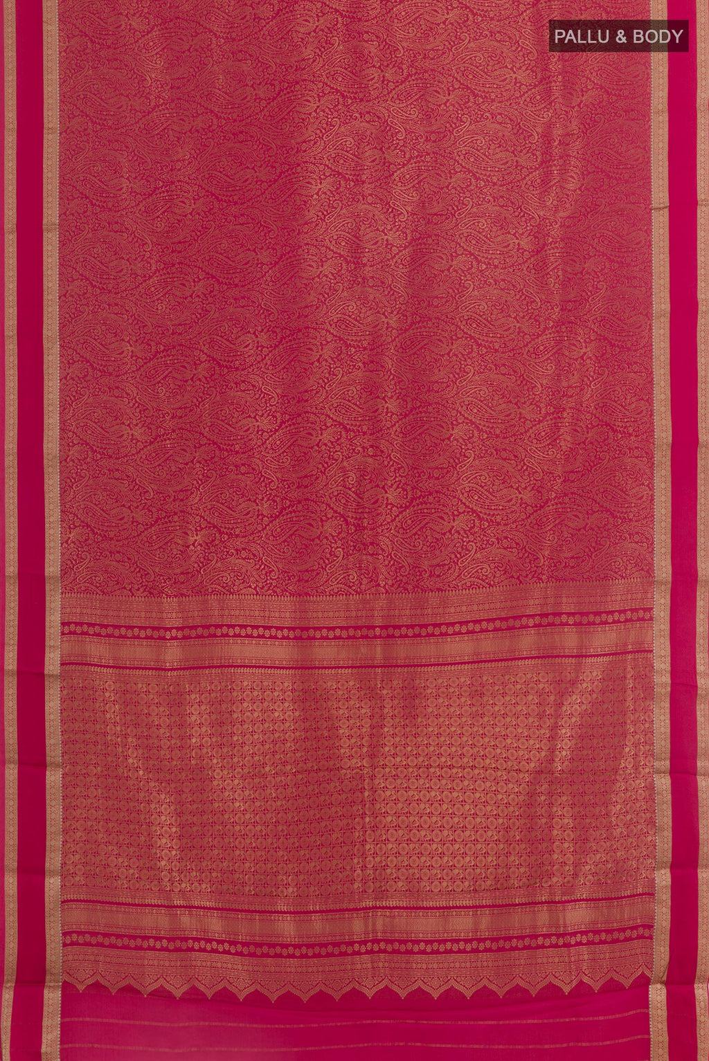 Flat view of Pink Mysore Crepe Saree with Zari Brocade on the body and Zari Border. 