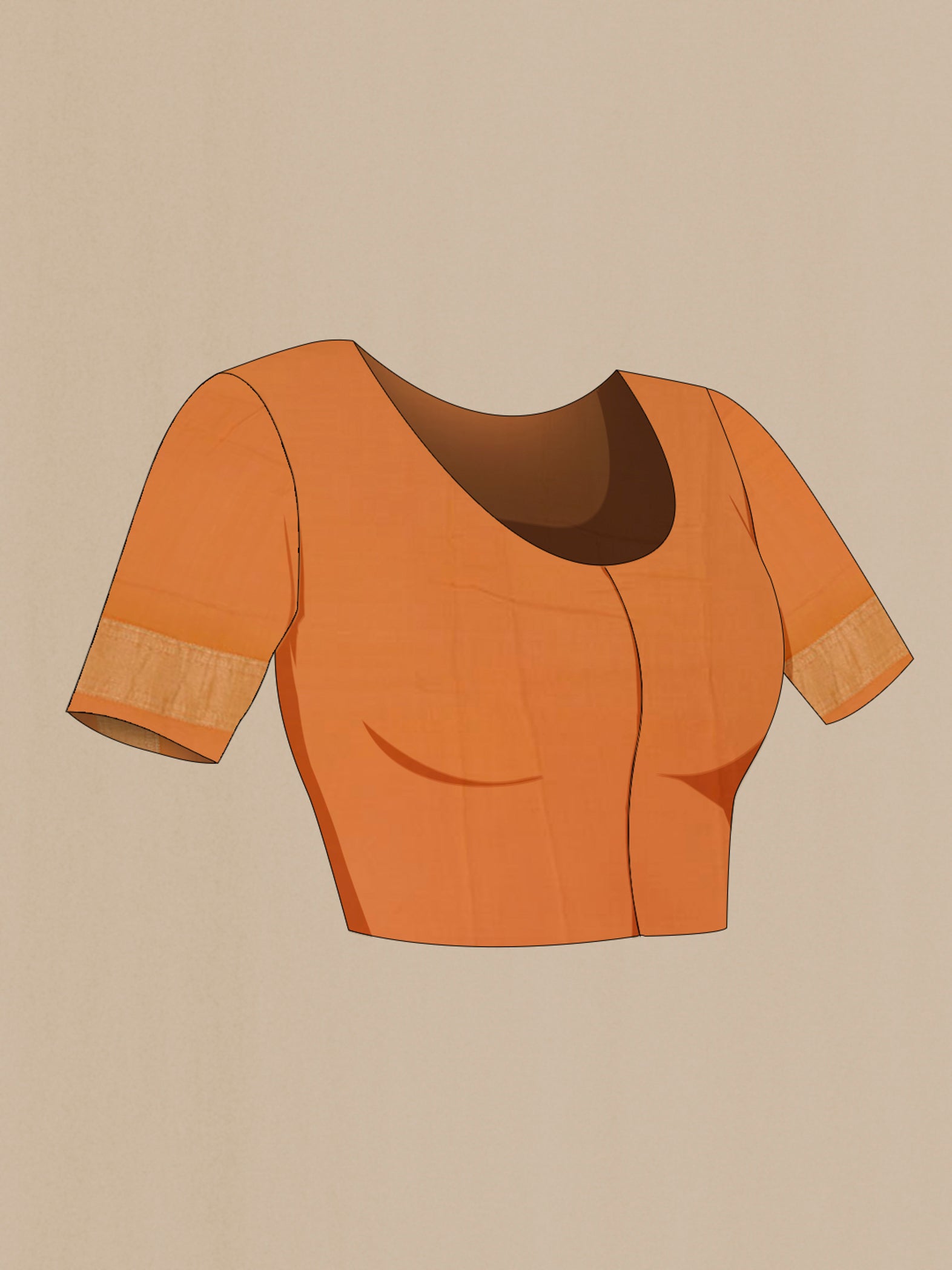Close up image of the blouse of Rust Mysore Crepe Saree with Zari Brocade on the body and Zari Border. 