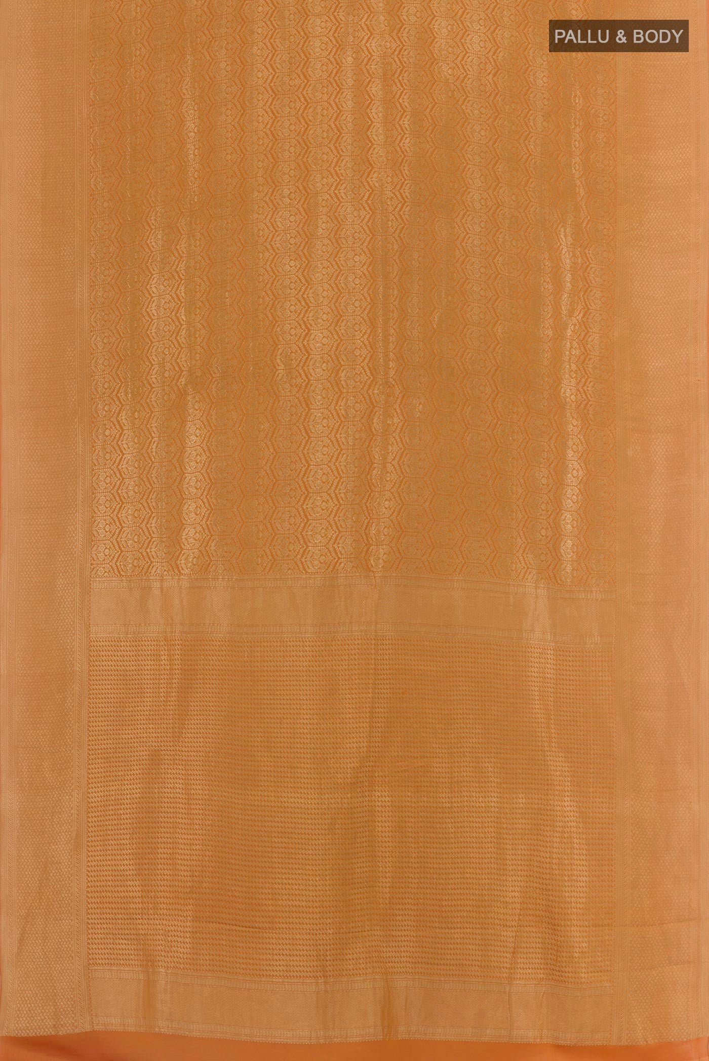 Flat view of Rust Mysore Crepe Saree with Zari Brocade on the body and Zari Border. 