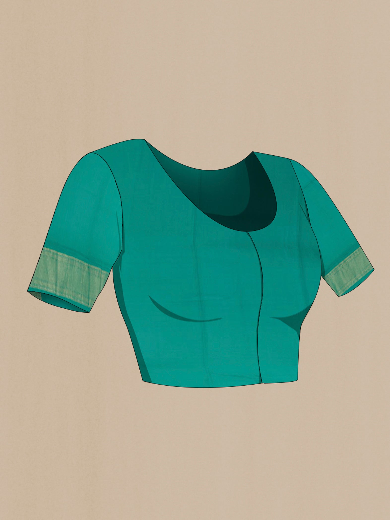 Close up image of the blouse of Sea Green Mysore Crepe Saree with Zari Brocade on the body and Zari Border. 