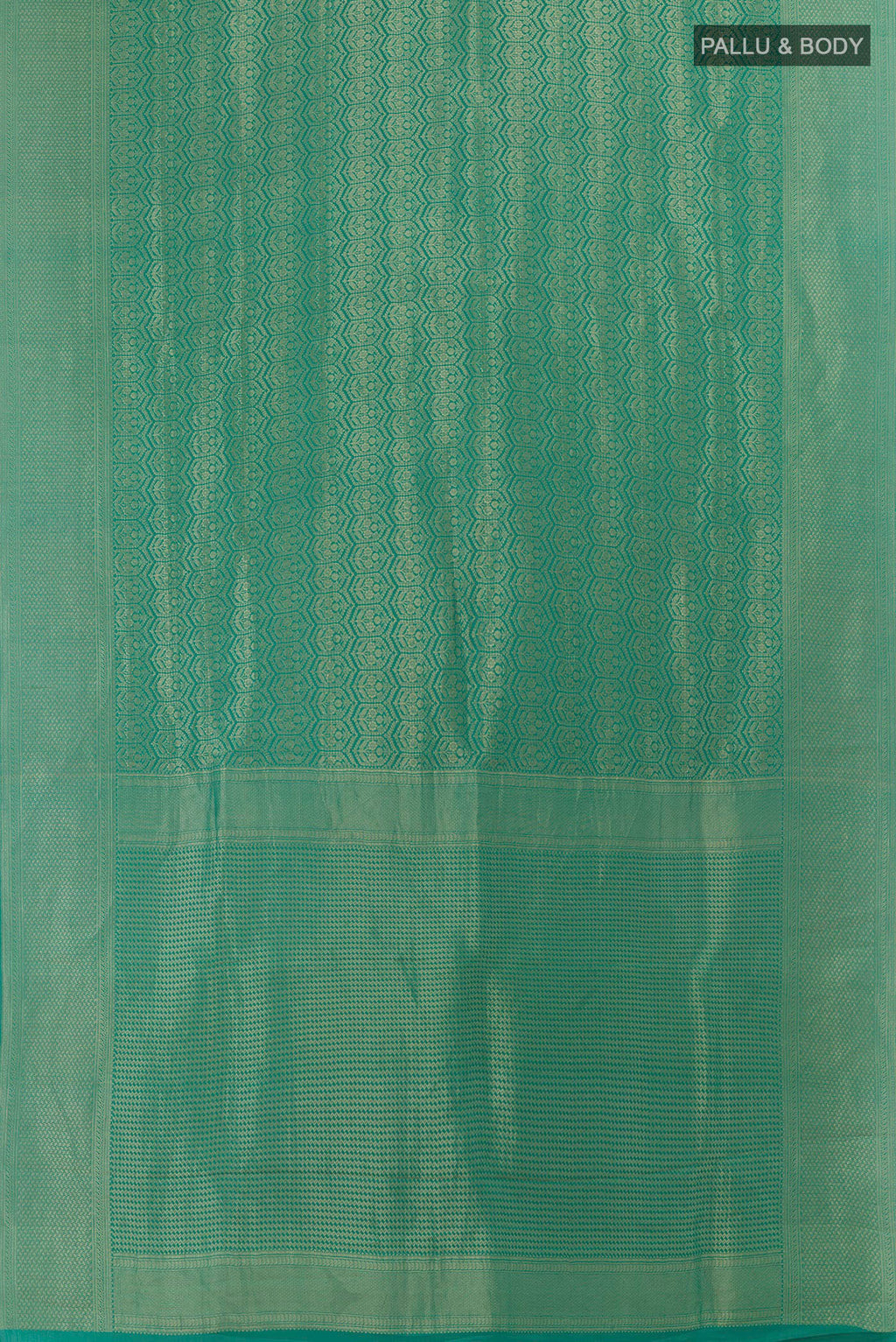 Flat view of Sea Green Mysore Crepe Saree with Zari Brocade on the body and Zari Border. 