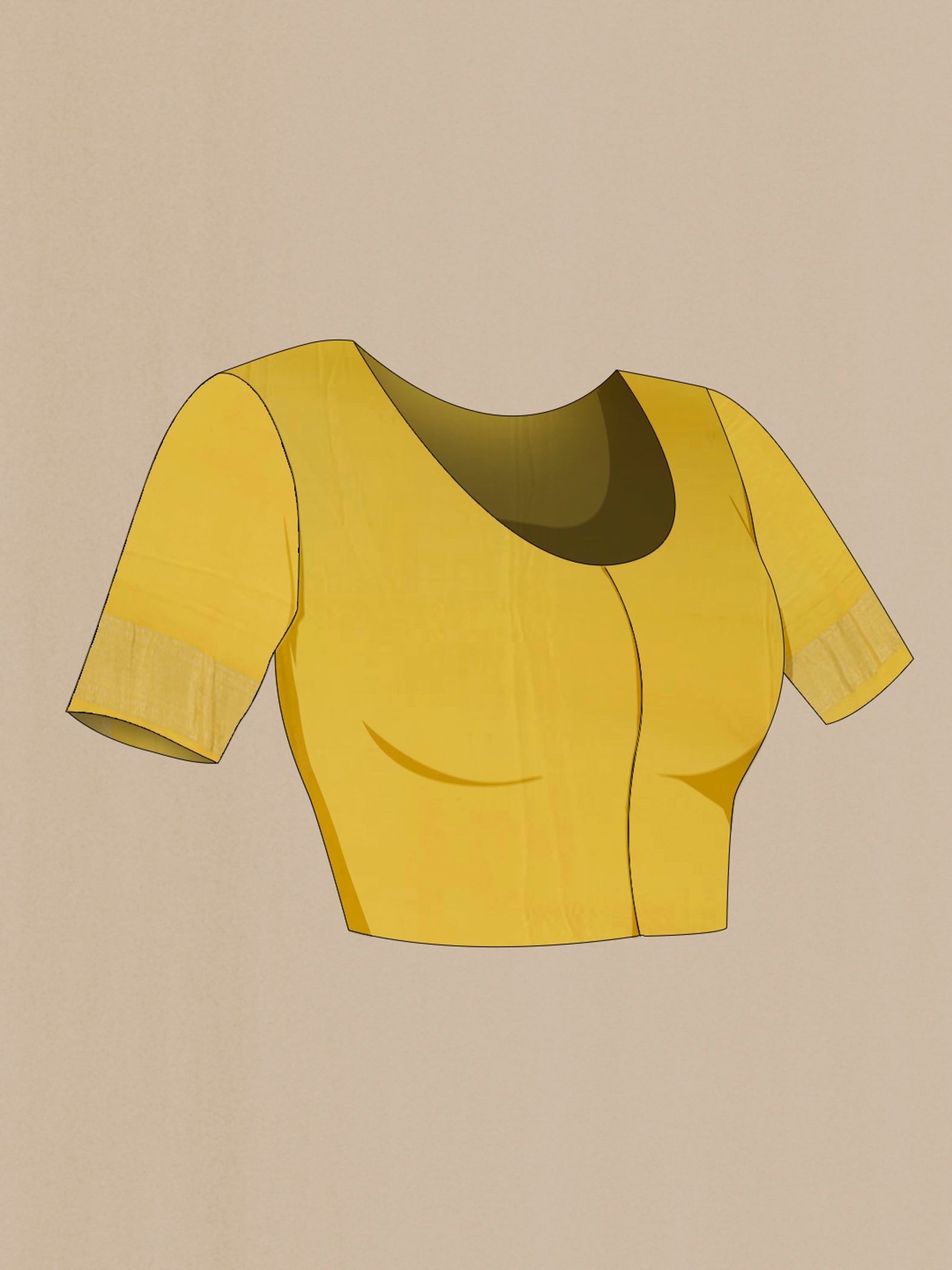 Close up image of the blouse of Yellow Mysore Crepe Saree with Zari Brocade on the body and Zari Border. 