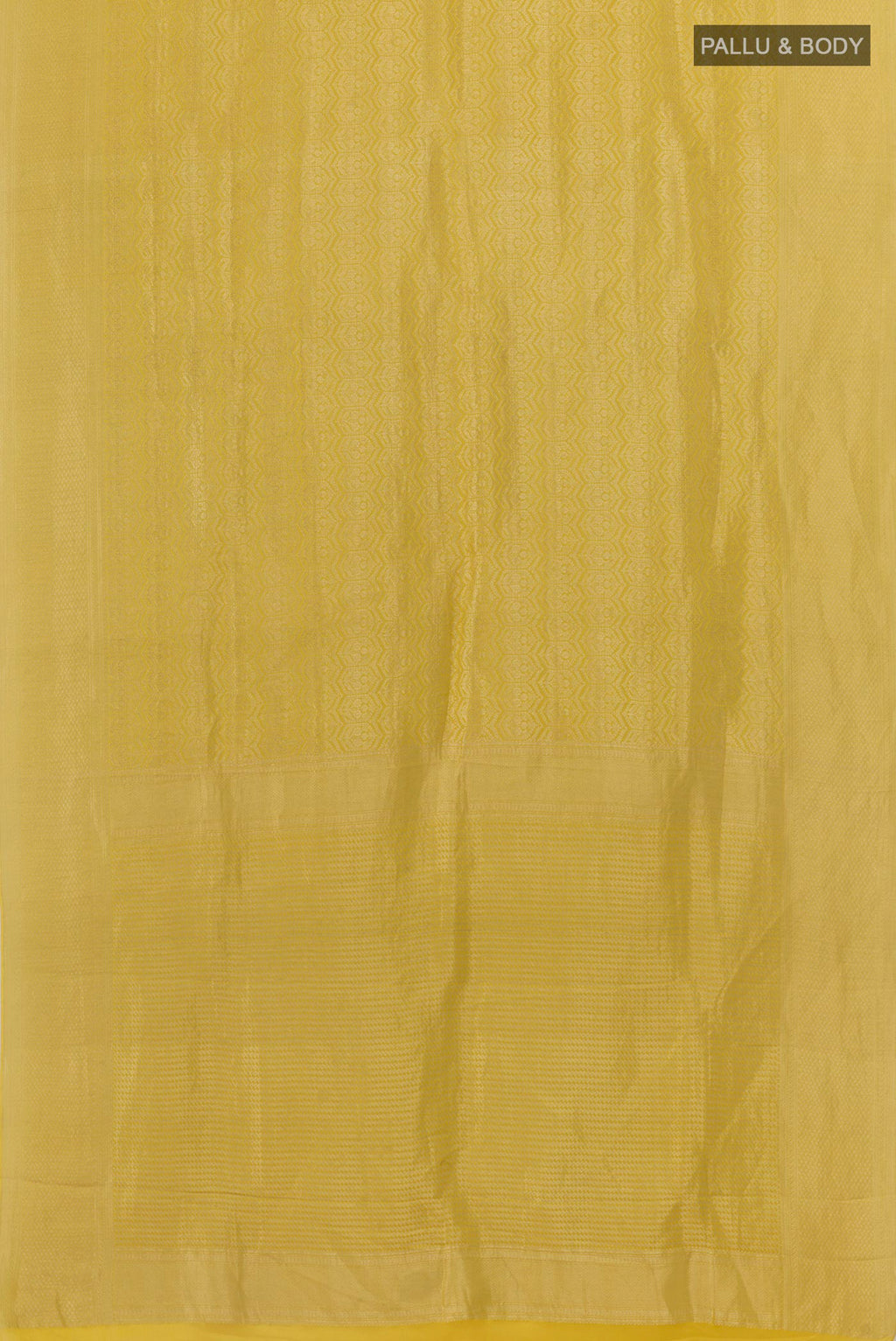 Flat view of Yellow Mysore Crepe Saree with Zari Brocade on the body and Zari Border. 