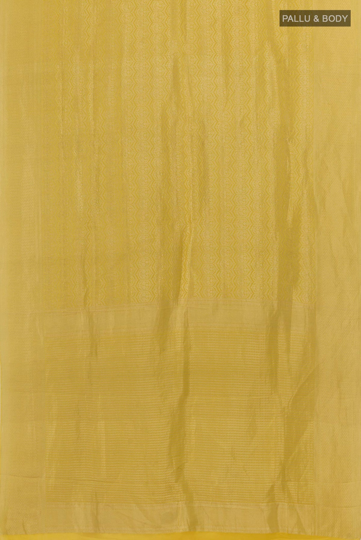 Flat view of Yellow Mysore Crepe Saree with Zari Brocade on the body and Zari Border. 