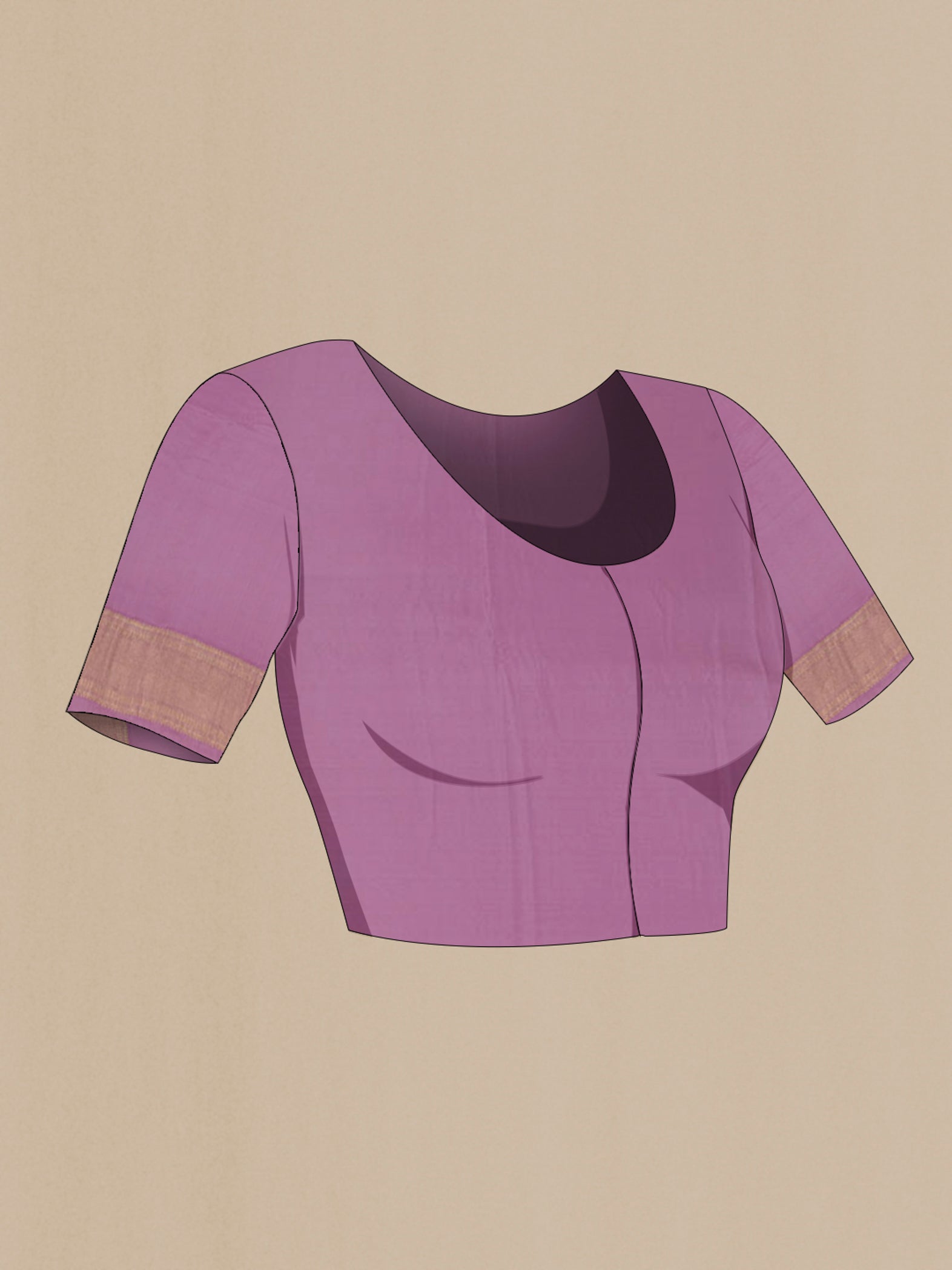 Close up image of the blouse of Lavender Mysore Crepe Saree with Zari Brocade on the body and Zari Border. 