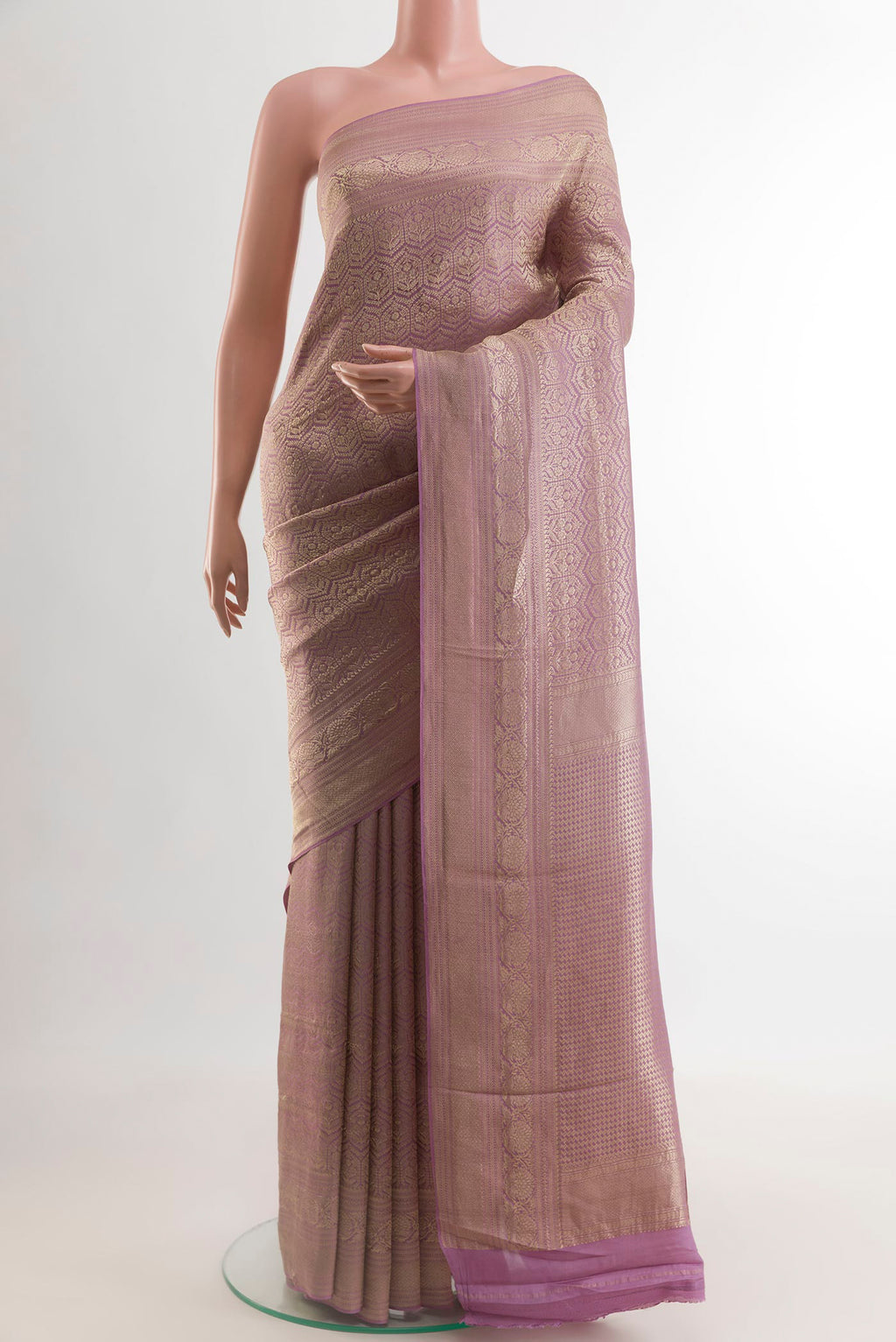 Lavender Mysore Crepe Saree with Zari Brocade on the body and Zari Border.  displayed on a mannequin