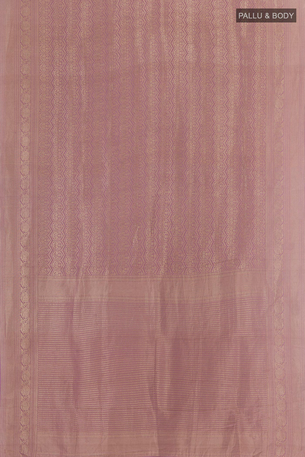 Flat view of Lavender Mysore Crepe Saree with Zari Brocade on the body and Zari Border. 