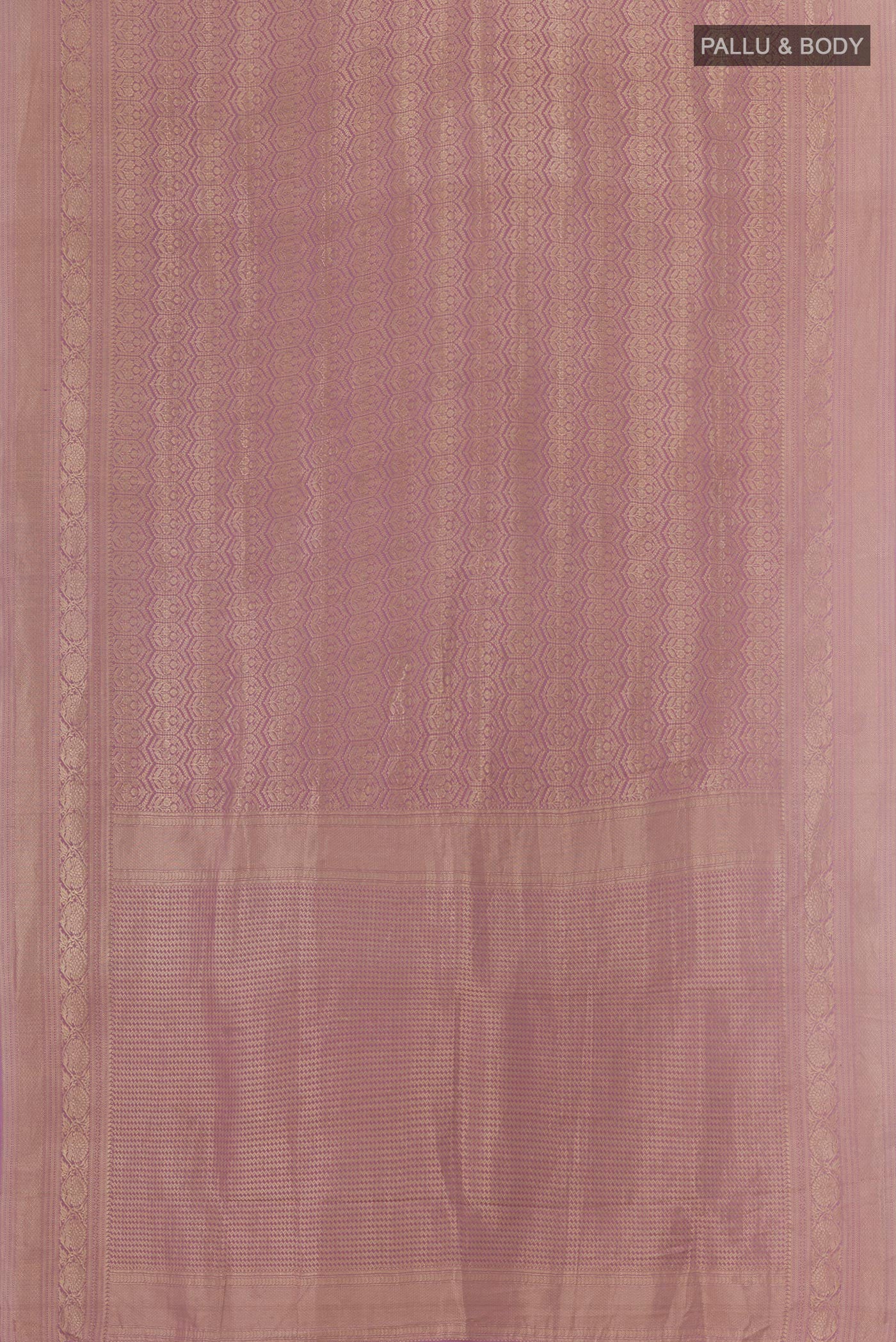 Flat view of Lavender Mysore Crepe Saree with Zari Brocade on the body and Zari Border. 