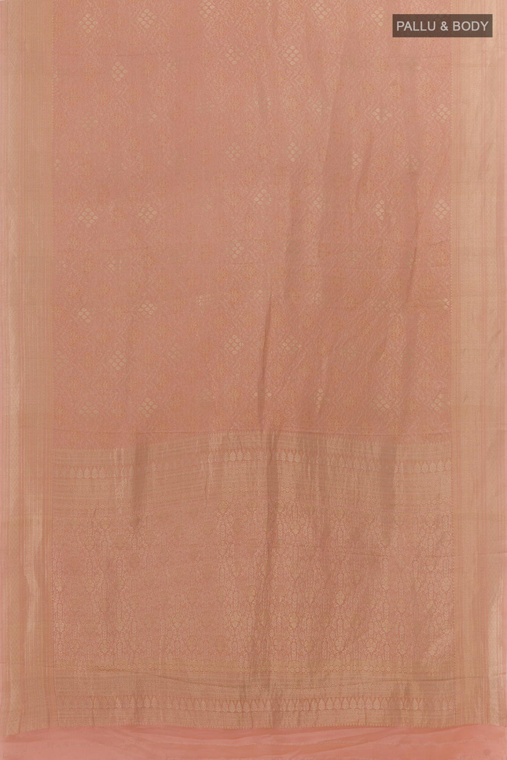Flat view of Rose Gold Mysore Crepe Saree with Zari Brocade on the body and Zari Border. 