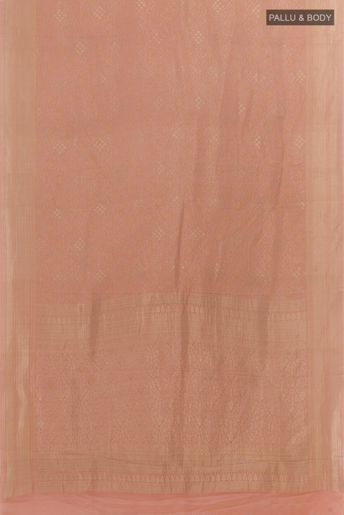 Flat view of Rose Gold Mysore Crepe Saree with Zari Brocade on the body and Zari Border. 