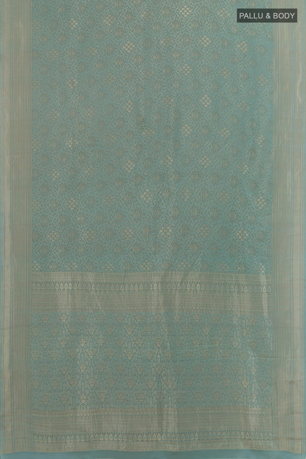 Flat view of Blue Grey Mysore Crepe Saree with Zari Brocade on the body and Zari Border. 