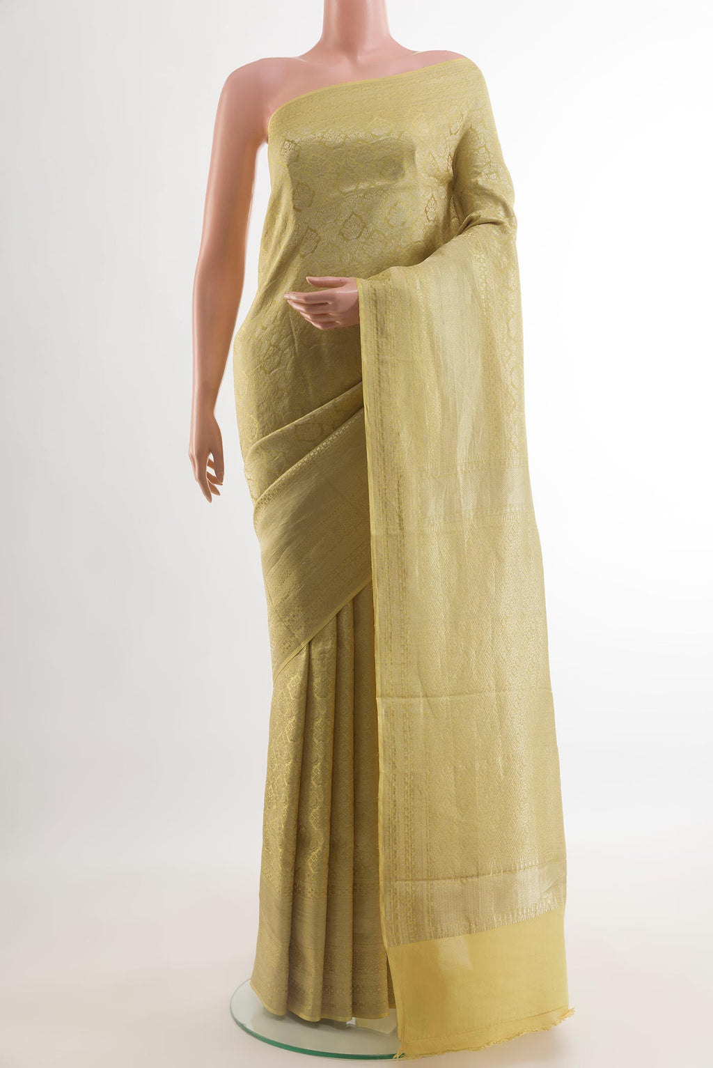Sandal Mysore Crepe Saree with Zari Brocade on the body and Zari Border.  displayed on a mannequin