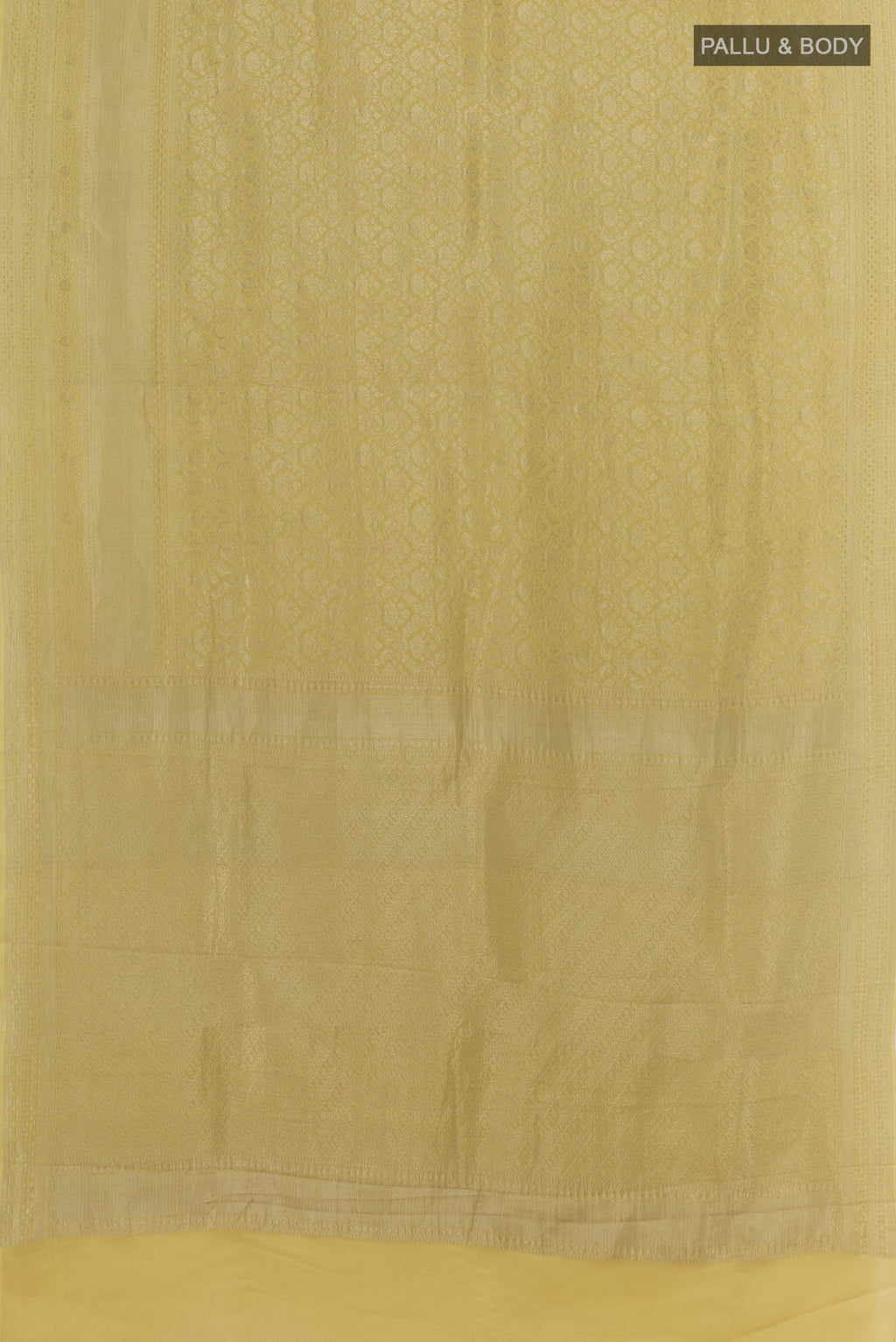 Flat view of Sandal Mysore Crepe Saree with Zari Brocade on the body and Zari Border. 