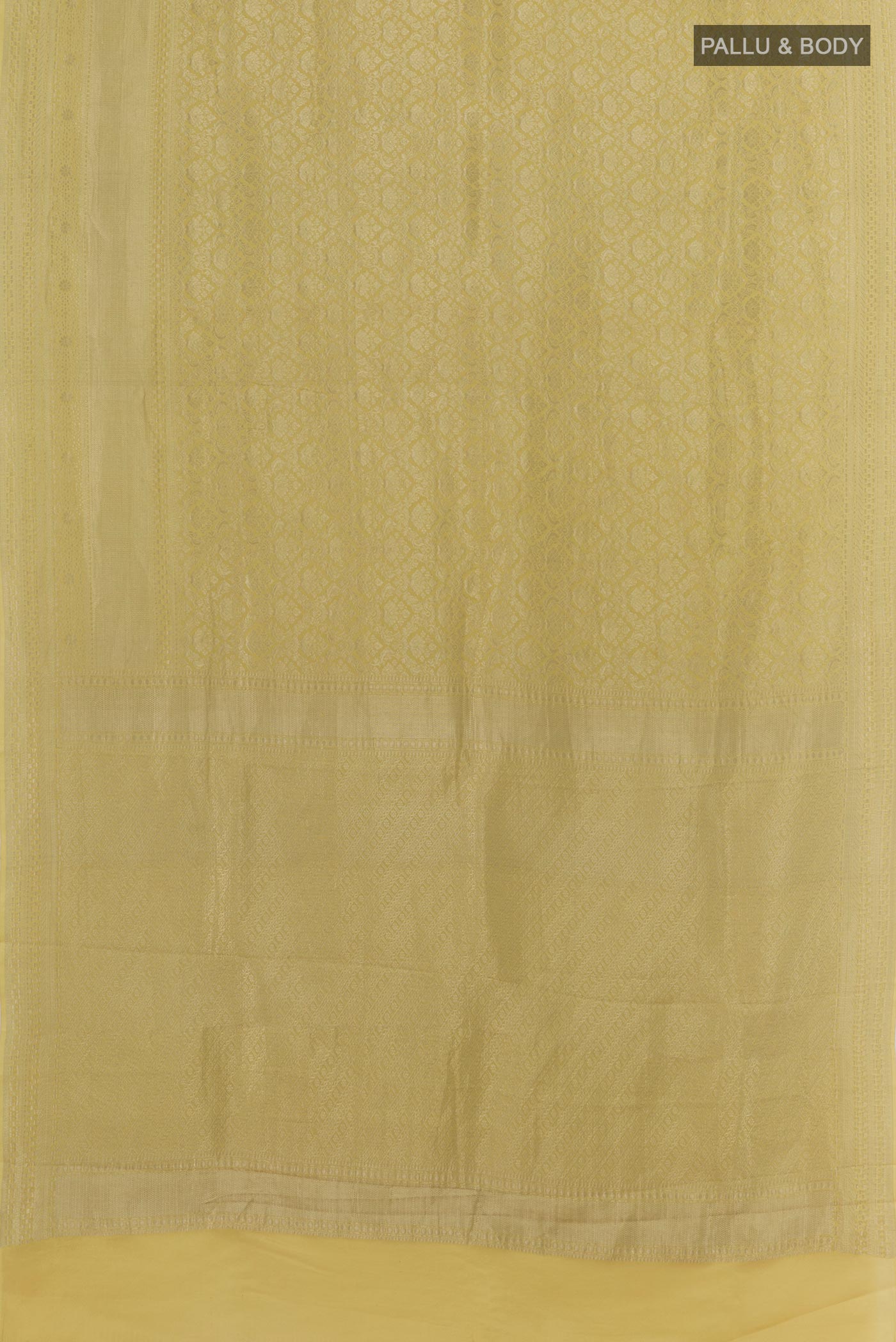 Flat view of Sandal Mysore Crepe Saree with Zari Brocade on the body and Zari Border. 
