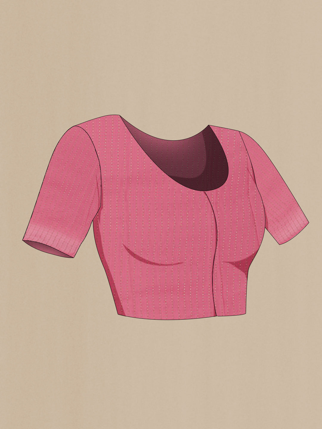 Close up image of the blouse of Pink Mysore Crepe Saree with Zari Brocade on the body and Zari Border. 