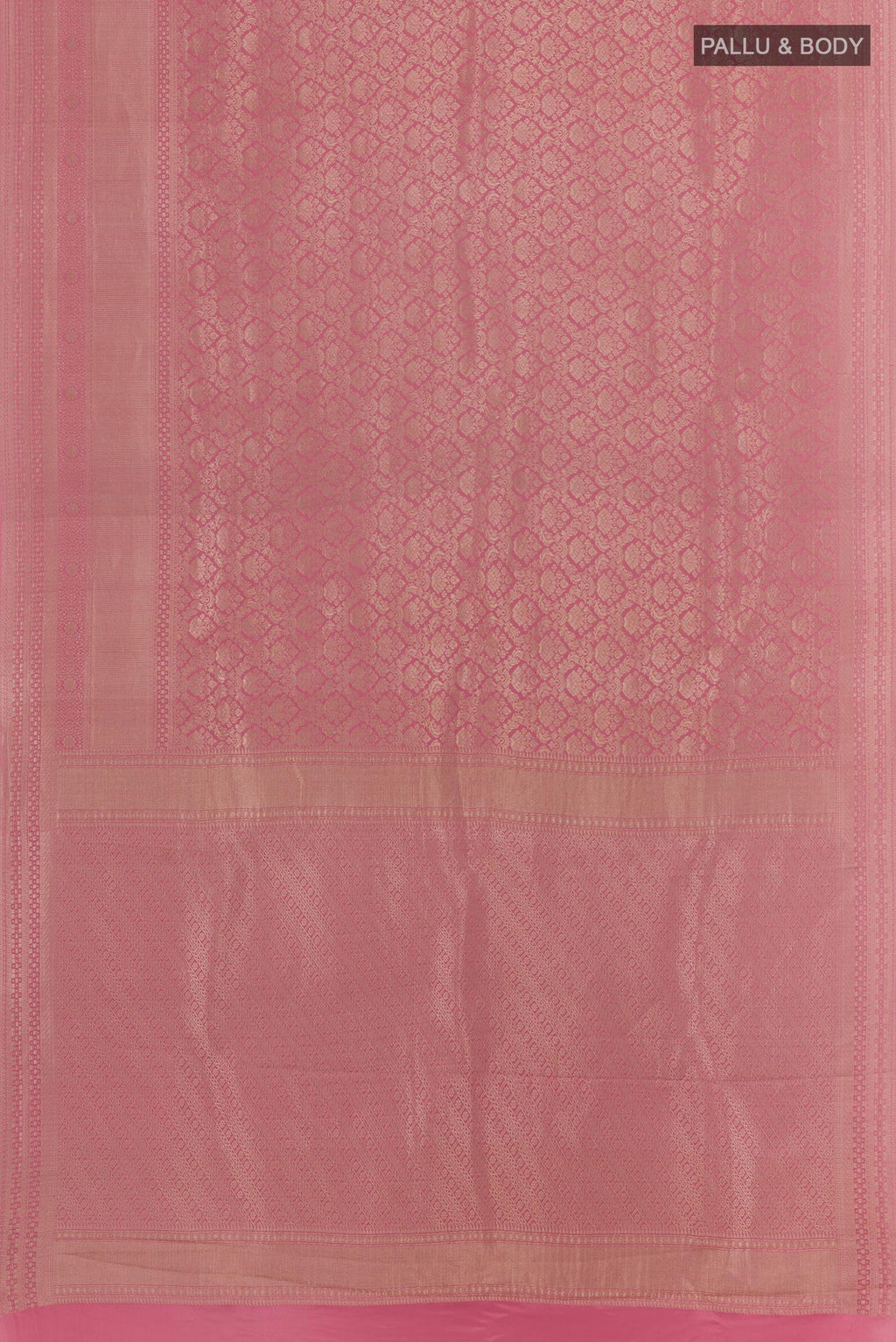Flat view of Pink Mysore Crepe Saree with Zari Brocade on the body and Zari Border. 
