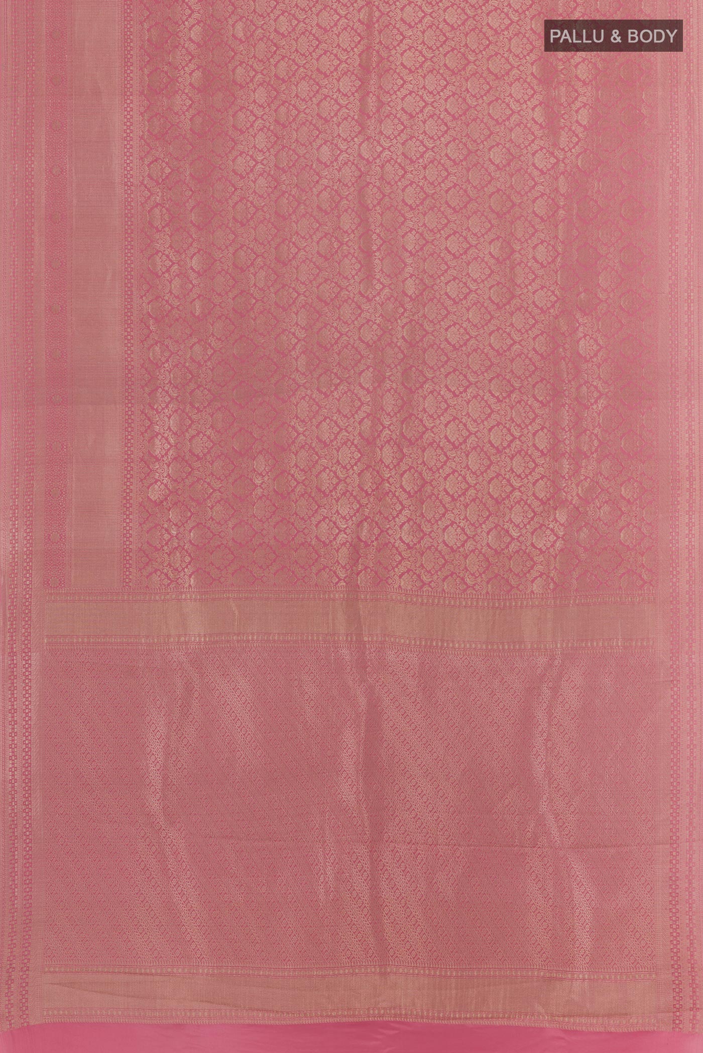 Flat view of Pink Mysore Crepe Saree with Zari Brocade on the body and Zari Border. 