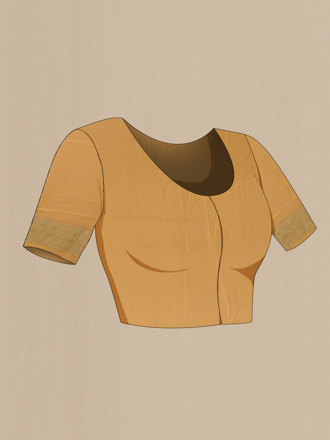 Close up image of the blouse of Beige Mysore Crepe Saree with Zari Brocade on the body and Zari Border. 