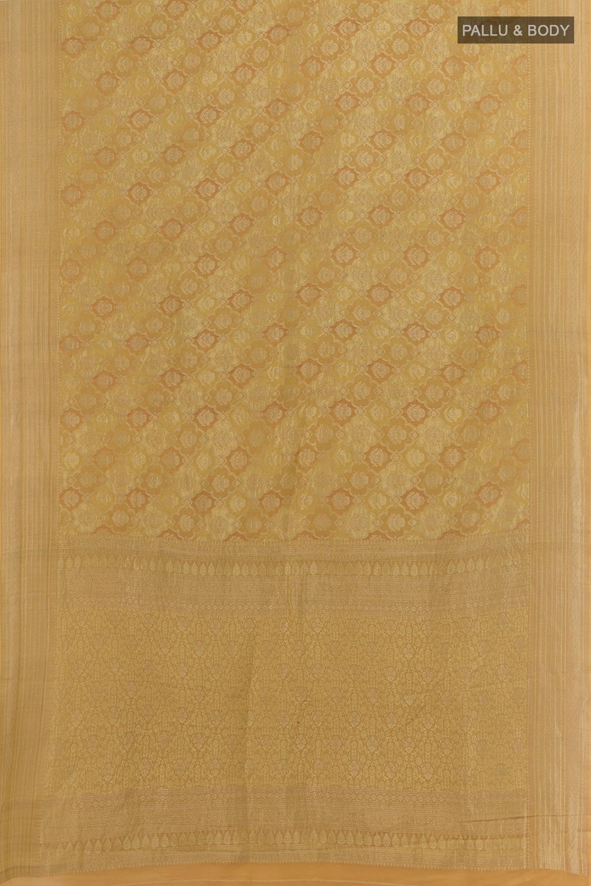 Flat view of Beige Mysore Crepe Saree with Zari Brocade on the body and Zari Border. 