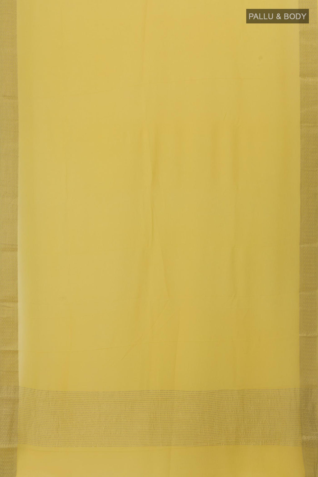 Flat view of Yellow Mysore Chiffon Saree with Plain Body and Zari Border. 