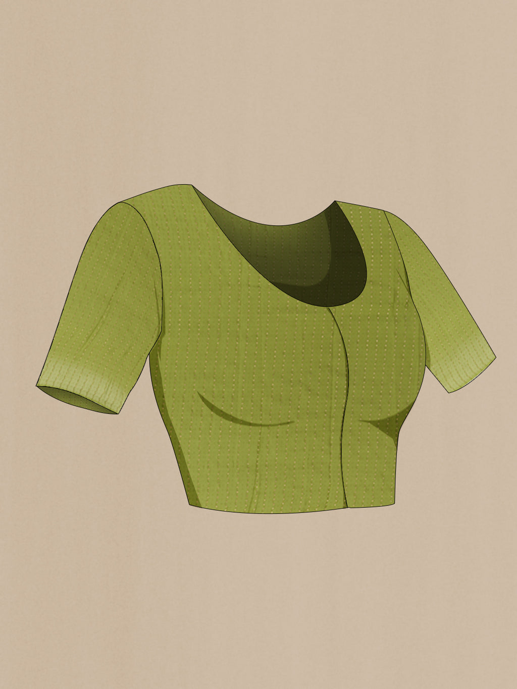 Close up image of the blouse of Green Mysore Chiffon Saree with Plain Body and Zari Border. 