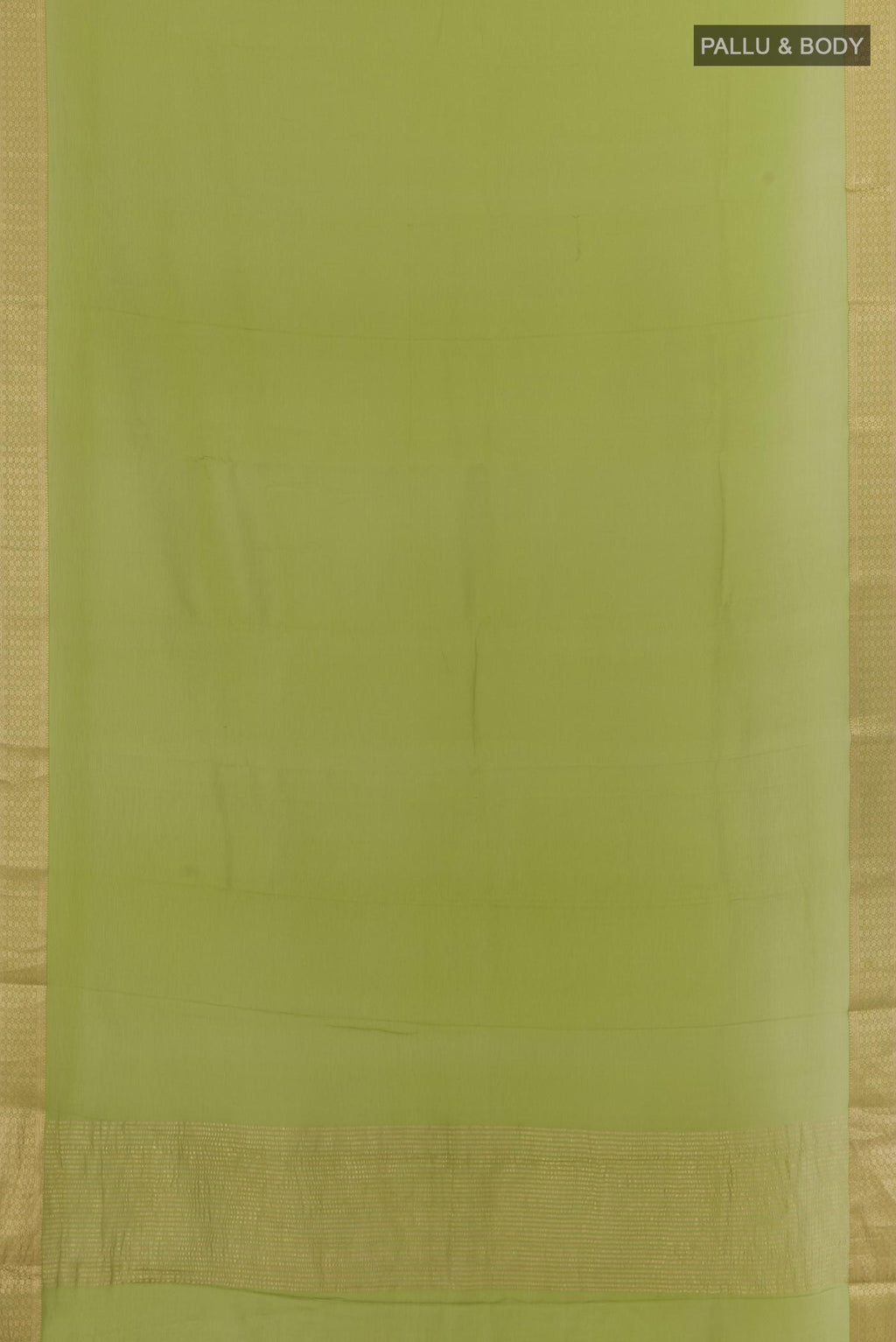 Flat view of Green Mysore Chiffon Saree with Plain Body and Zari Border. 