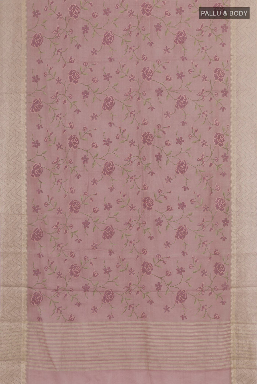 Flat view of Lavender Mysore Georgette Saree with Embroidery on the body and Zari Border. 